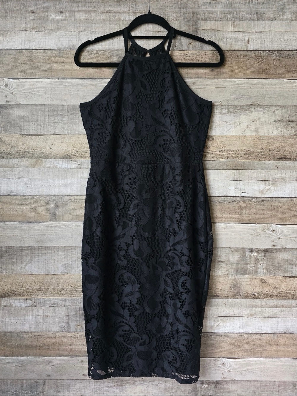 Bar III Black Lace Halter Neck Sheath Cocktail Dress Keyhole Back Size Medium
